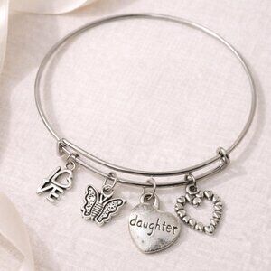 Daughter Charm Bangle Bracelet Silver Heart Butterfly LOVE Gift